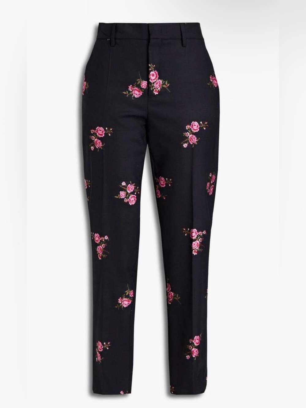 RED Valentino floral-appliquéd wool-blend twill tapered pants in black and pink